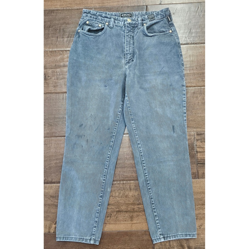 VTG Versace Distressed Jeans Couture High Waisted Medusa Gold Faded Black 29